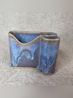 Bay Pottery Stoneware Blue Purple Drip Glaze Pen/Note Holder Vintage MCM Signed
